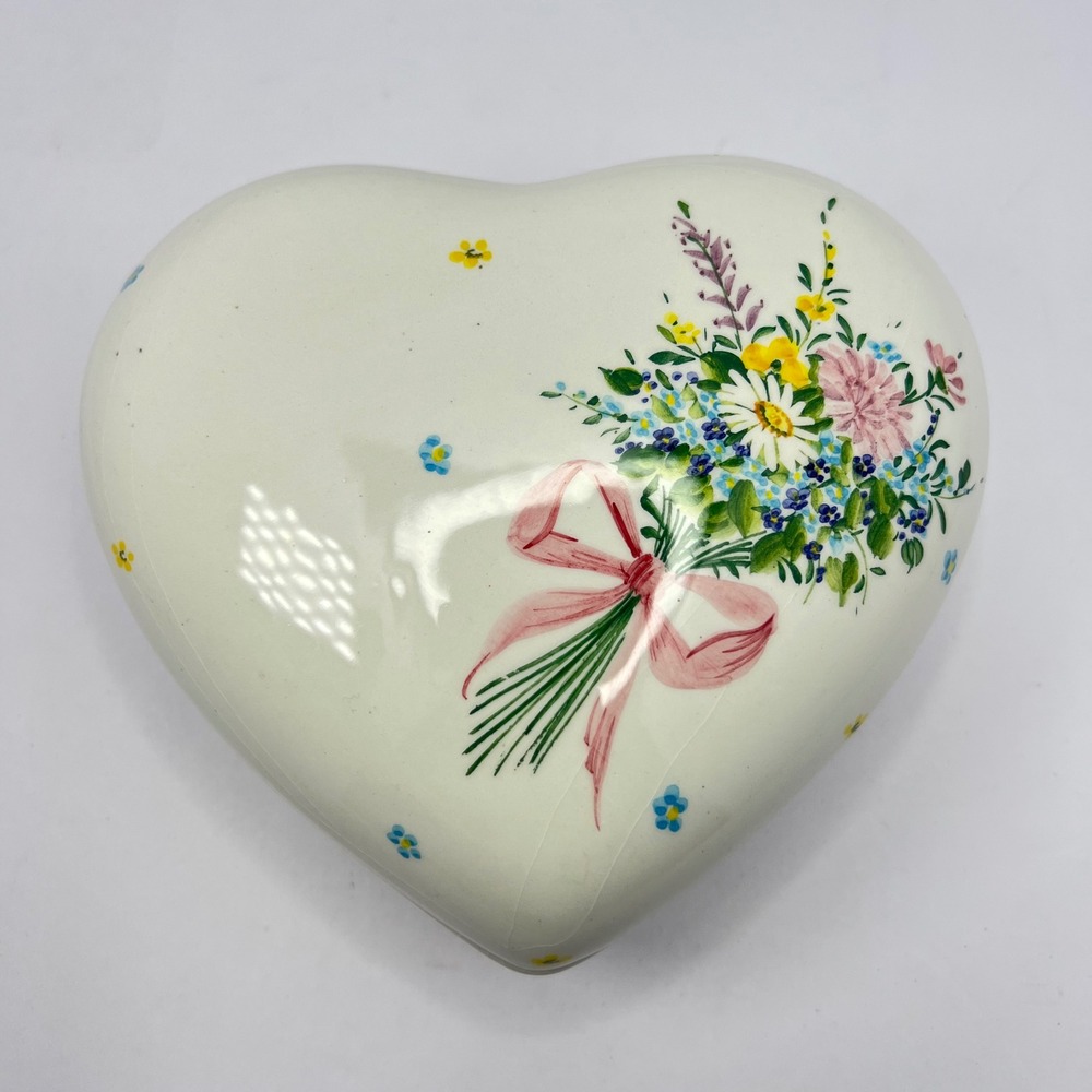 Italian Ceramic Heart Trinket Box Mothers Day Gift Floral Hand Painted Vintage